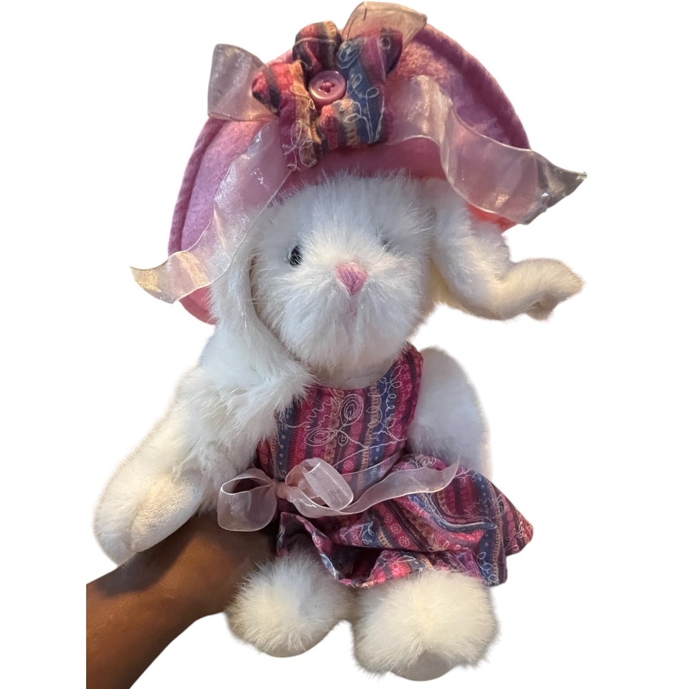 Boyds Plush Bunny White Pink Purple Patterned Dress Hat Stuffed Animal -